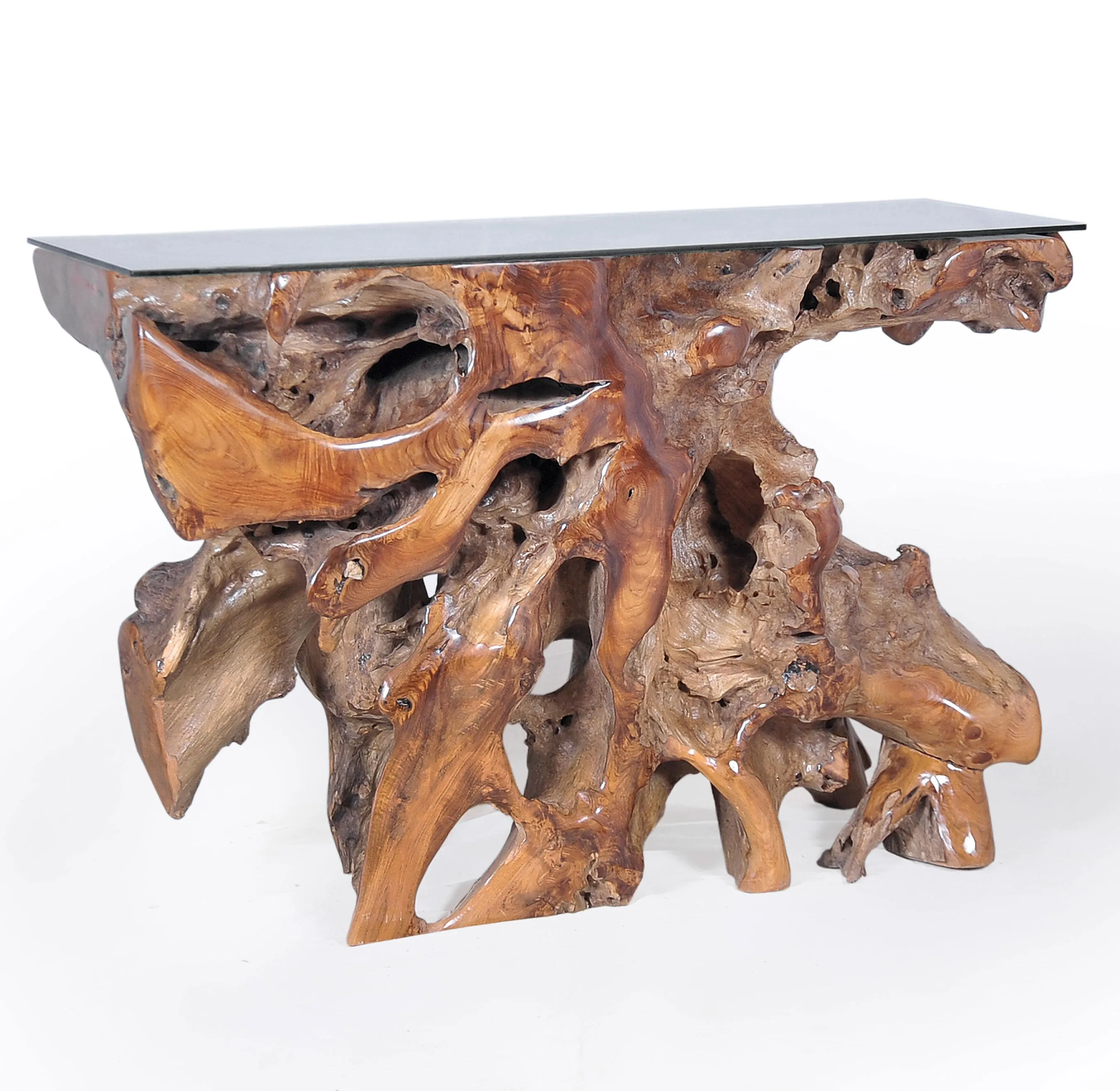 Teak Wood Root Console Table with Glass Top, 48 inches