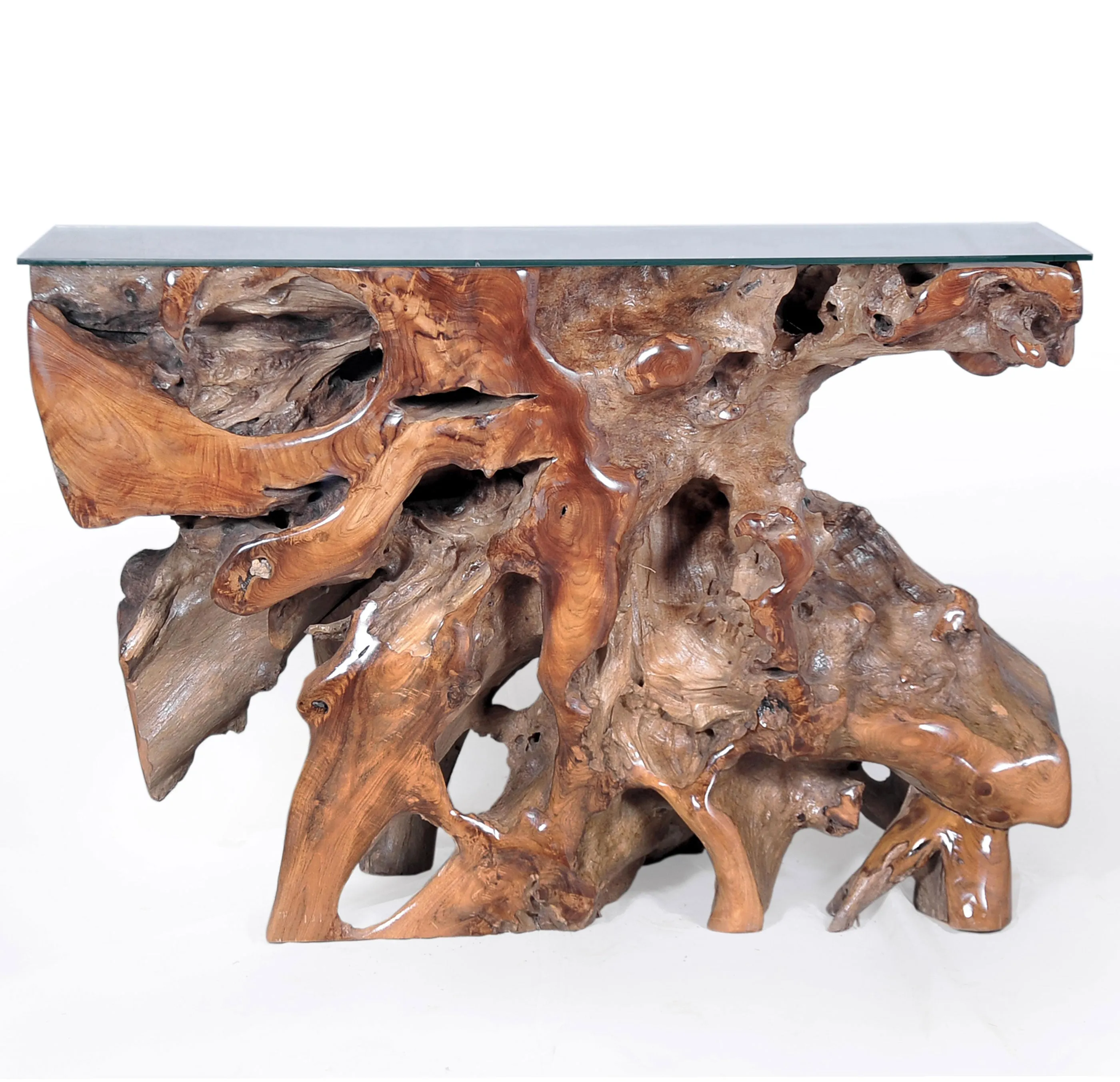 Teak Wood Root Console Table with Glass Top, 48 inches