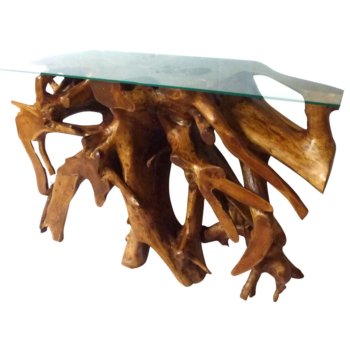 Teak Wood Root Console Table with Glass Top, 48 inches