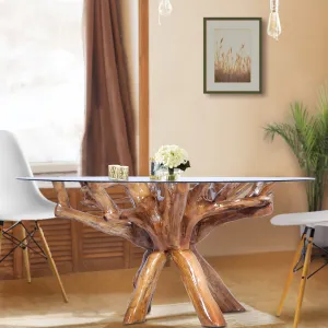 Teak Wood Root Dining Table Including a Round 48 Inch Glass Top