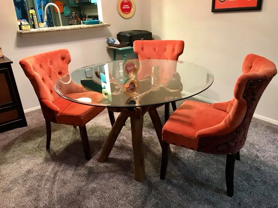 Teak Wood Root Dining Table Including a Round 48 Inch Glass Top