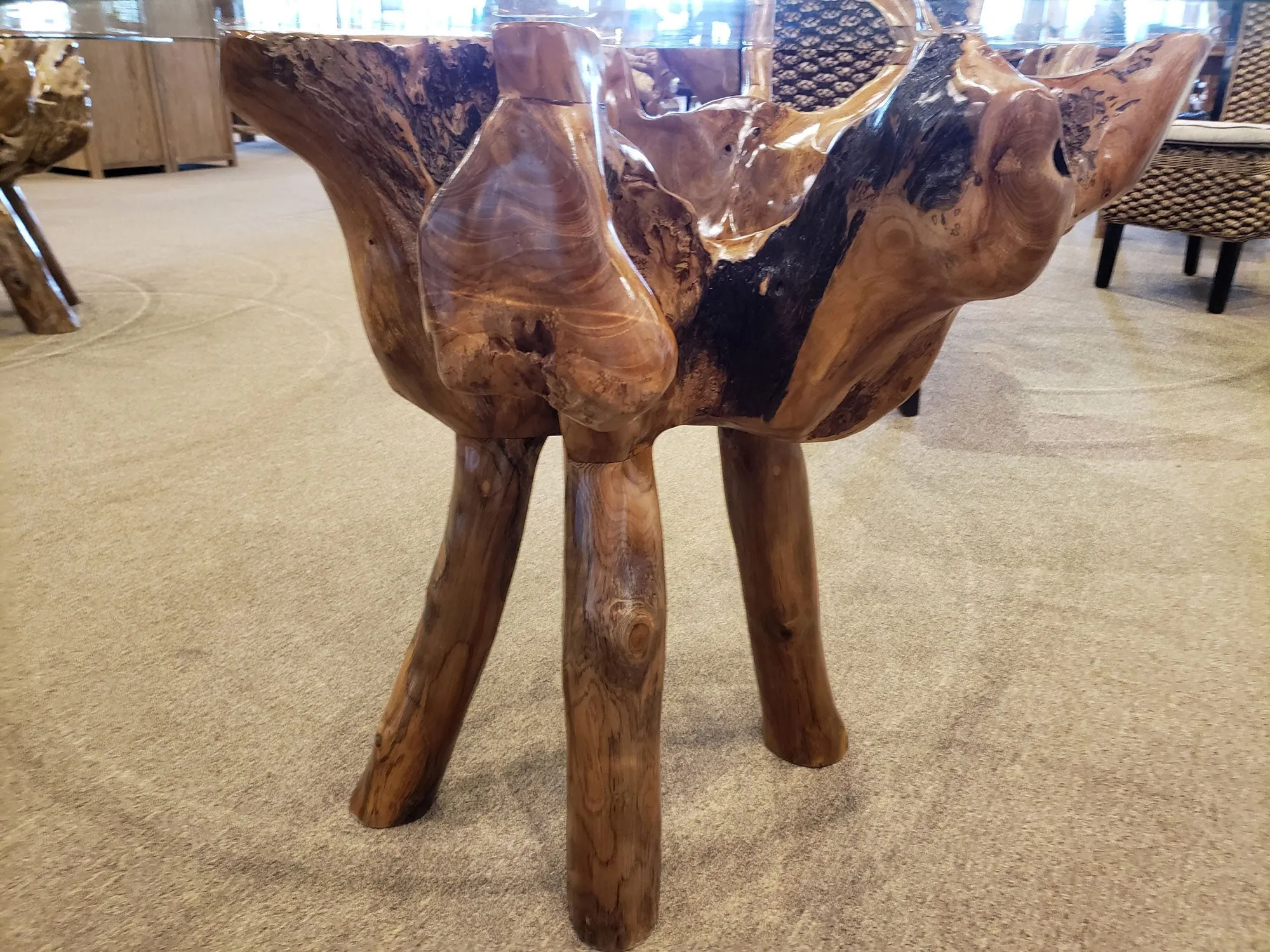 Teak Wood Root Dining Table Including a Round 48 Inch Glass Top