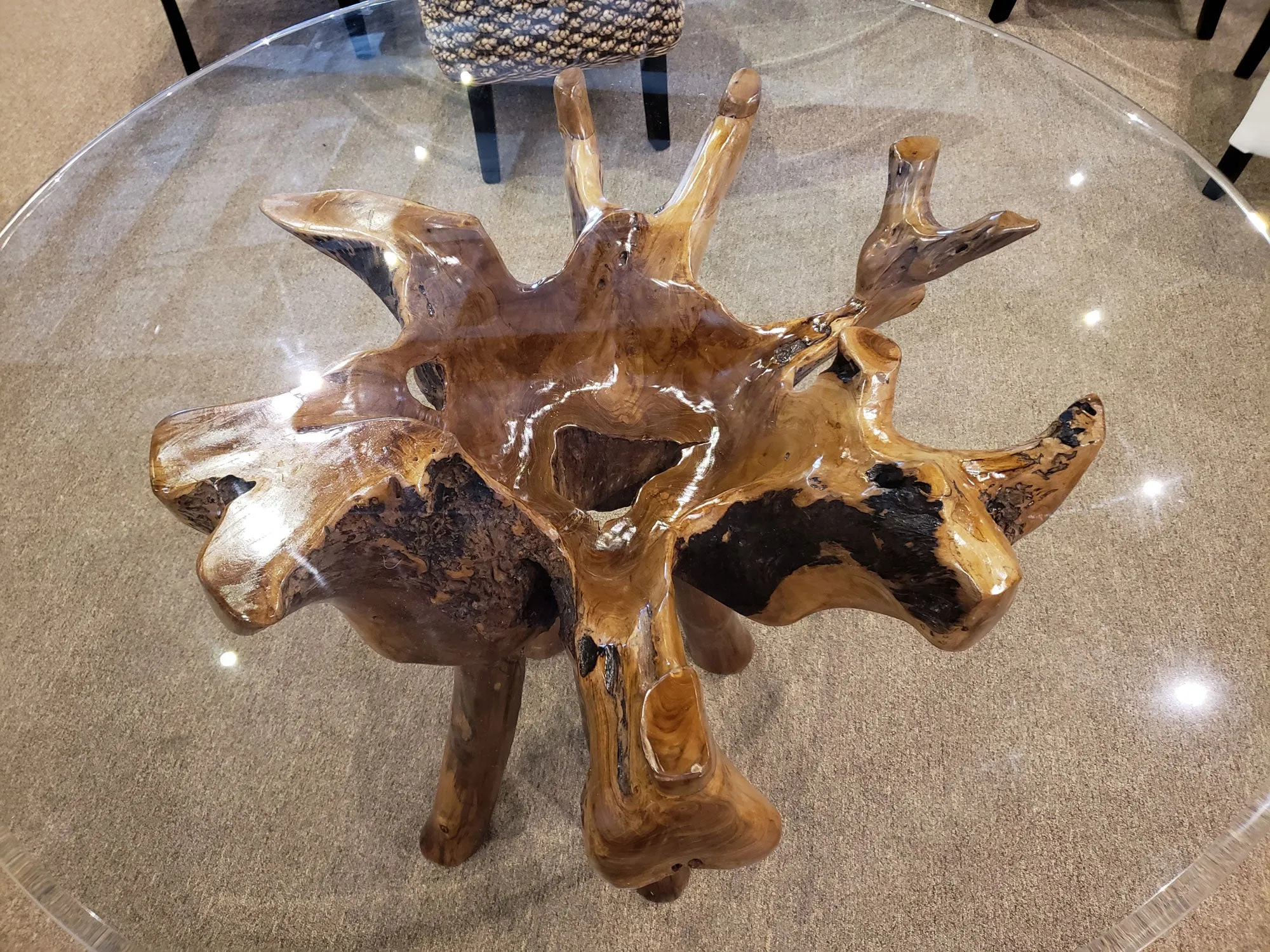 Teak Wood Root Dining Table Including a Round 48 Inch Glass Top