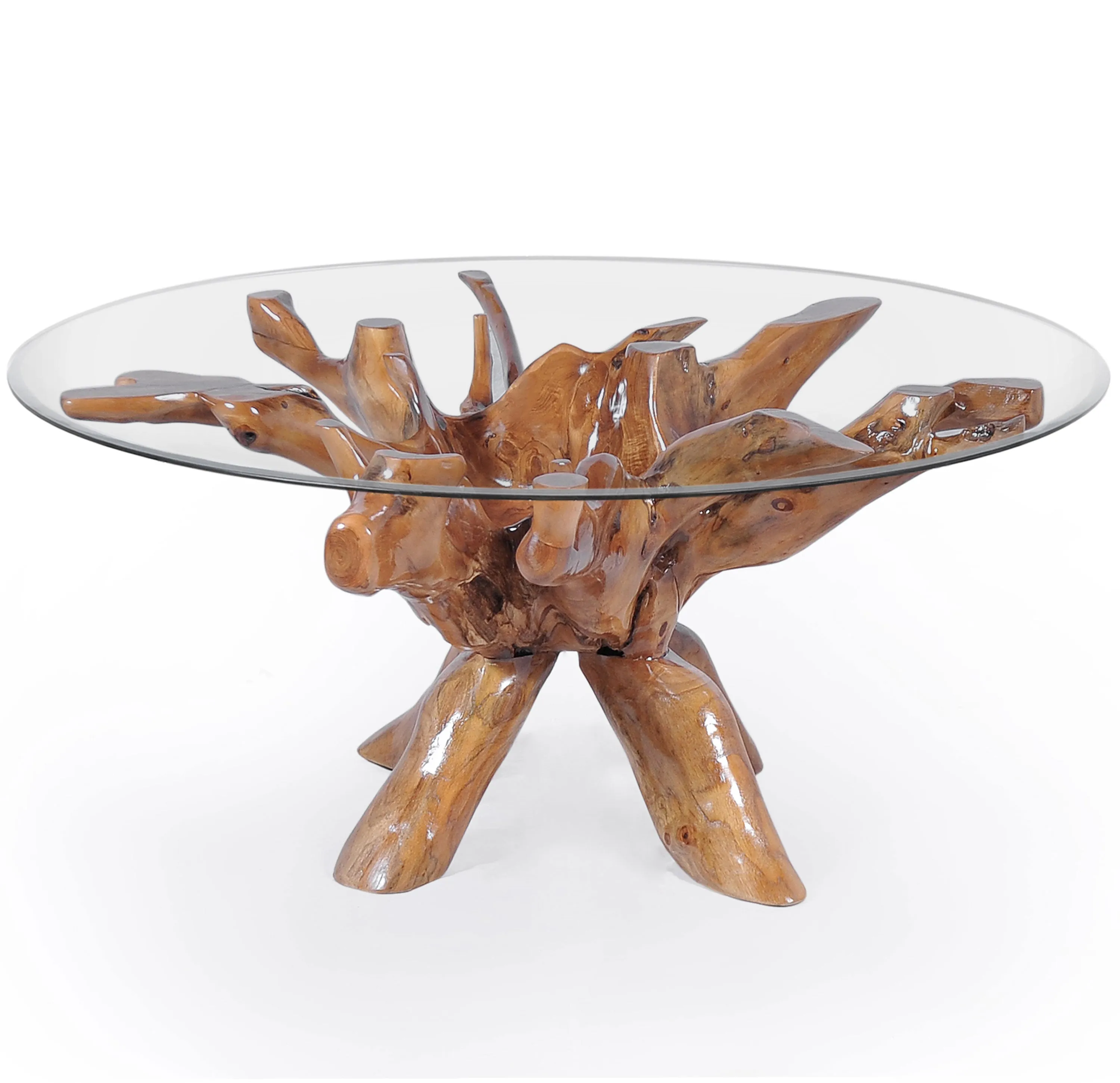 Teak Wood Root Dining Table Including a Round 48 Inch Glass Top