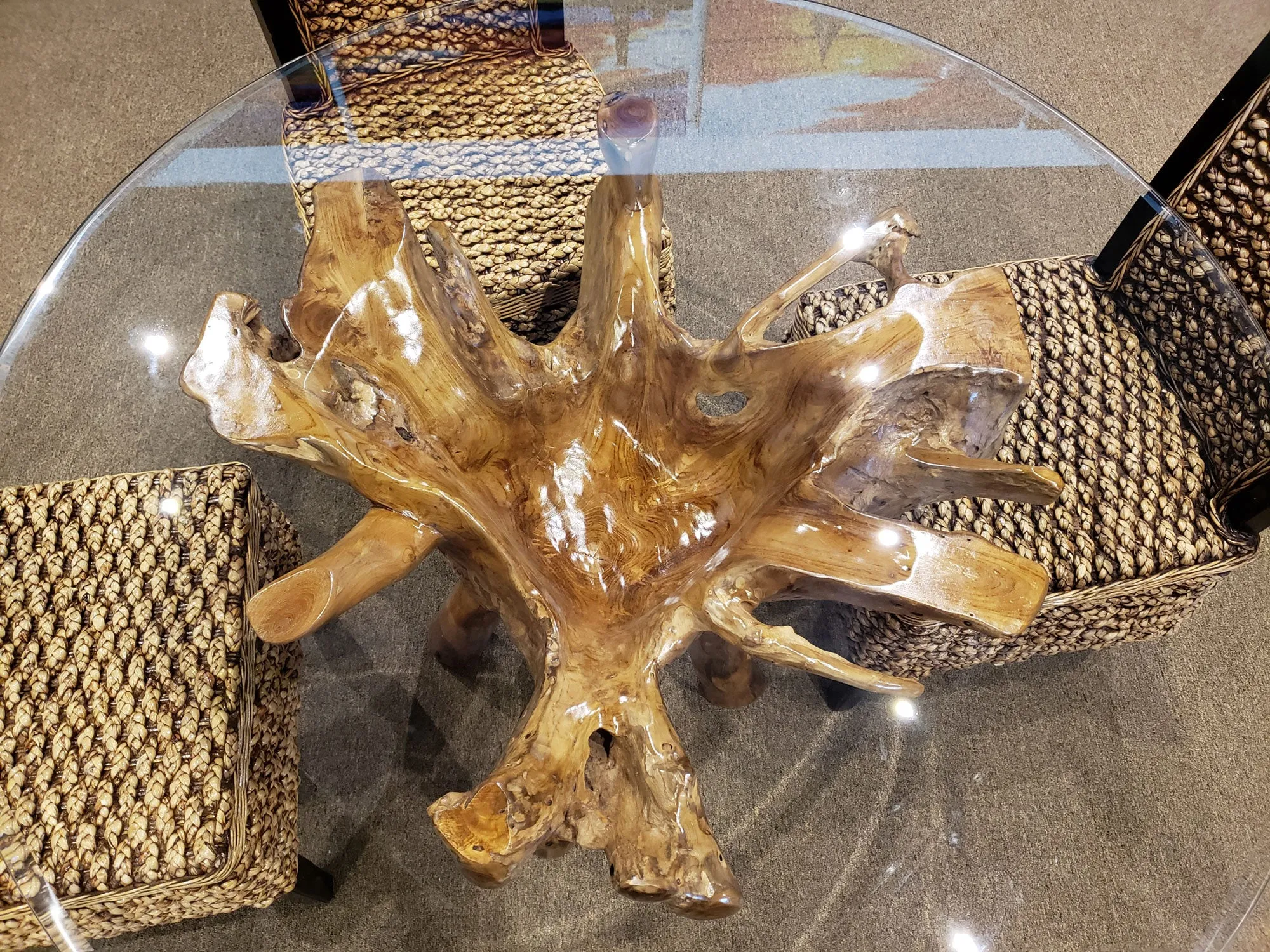 Teak Wood Root Dining Table Including a Round 48 Inch Glass Top