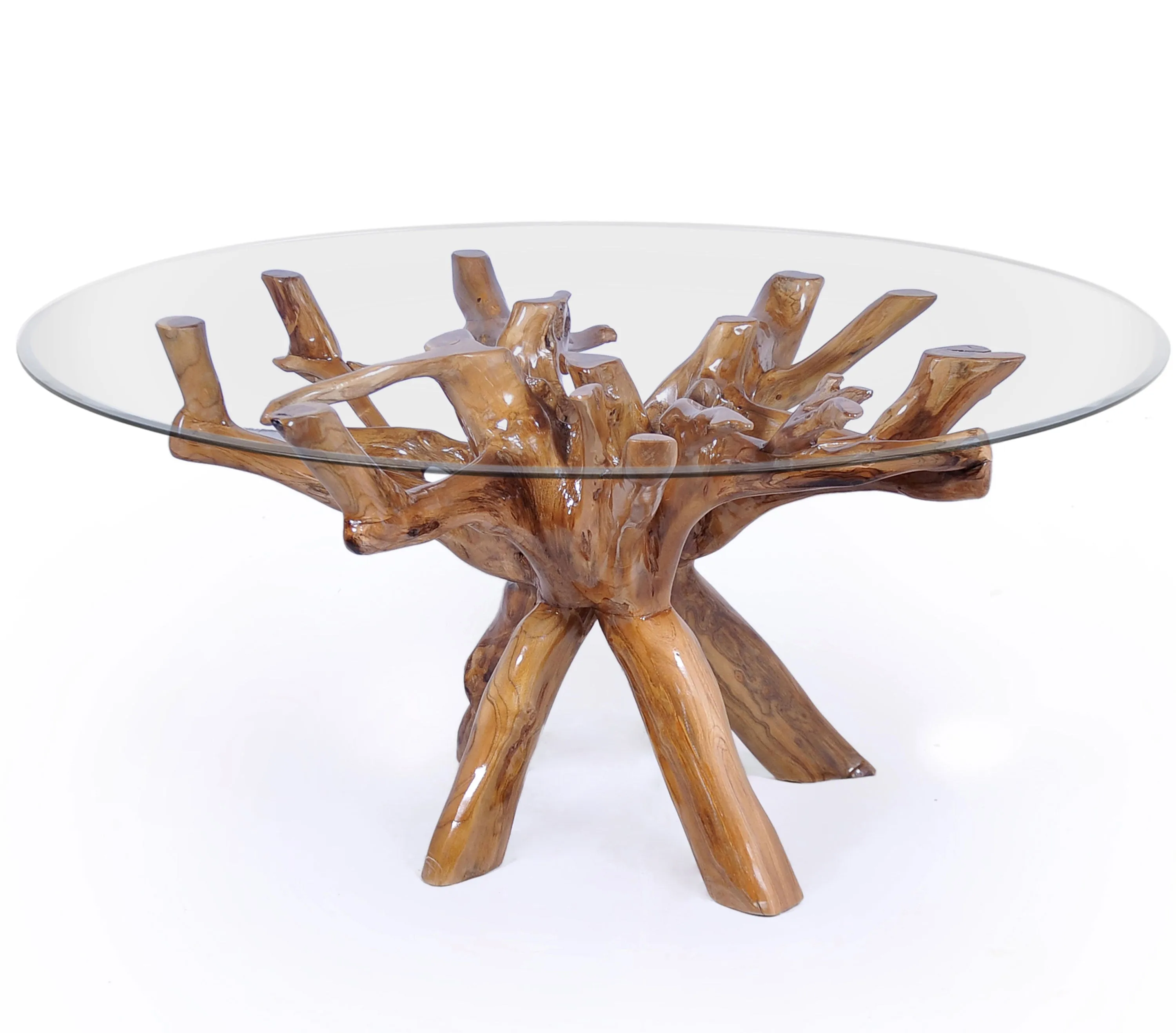 Teak Wood Root Dining Table Including a Round 48 Inch Glass Top