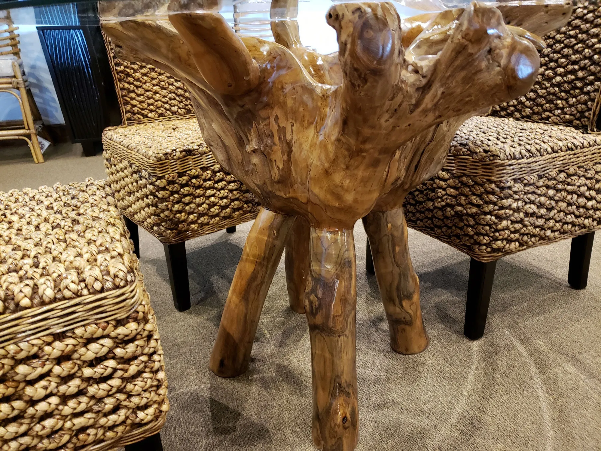 Teak Wood Root Dining Table Including a Round 48 Inch Glass Top