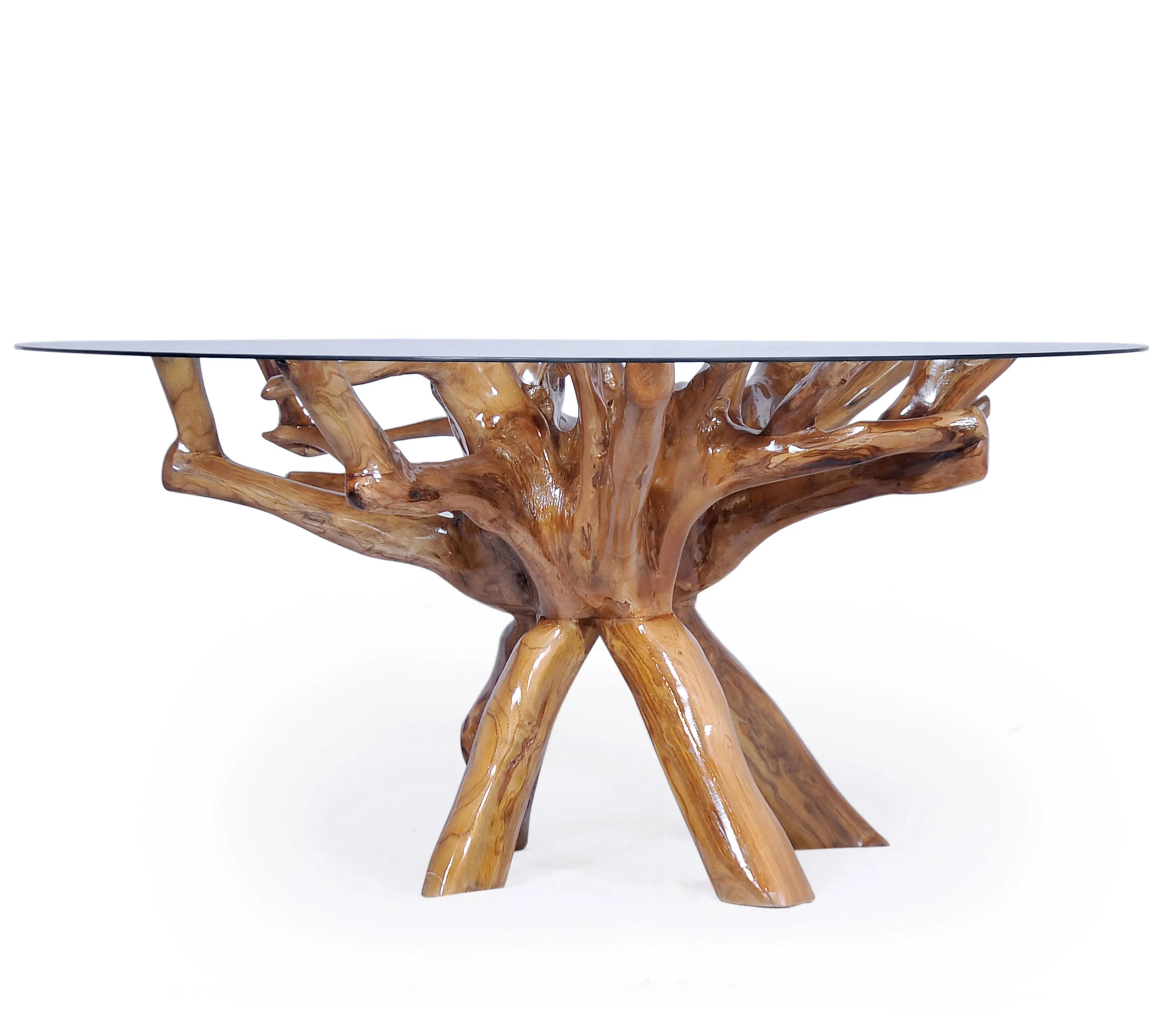 Teak Wood Root Dining Table Including a Round 48 Inch Glass Top