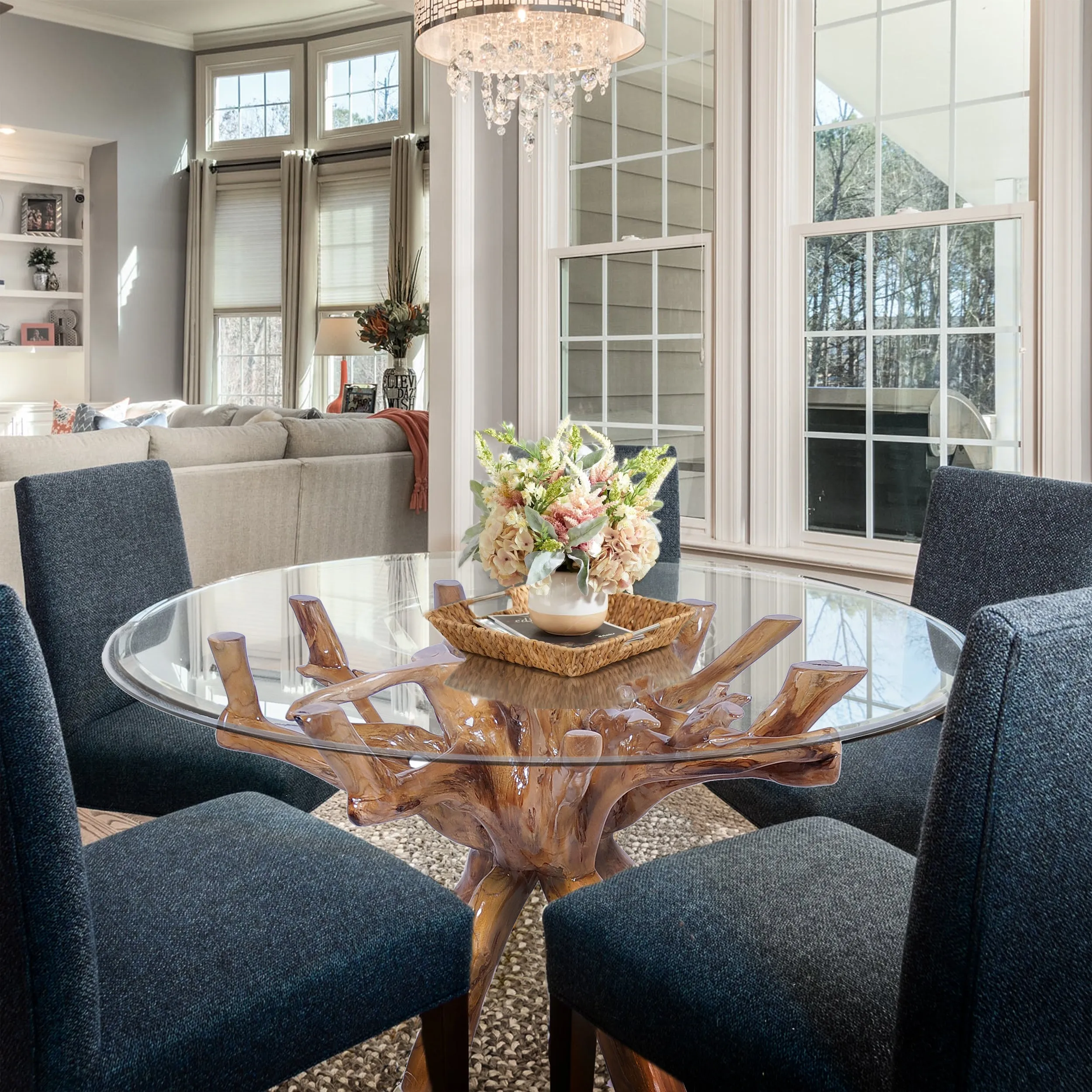 Teak Wood Root Dining Table Including a Round 48 Inch Glass Top