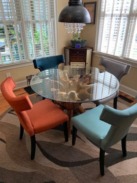 Teak Wood Root Dining Table Including a Round 48 Inch Glass Top