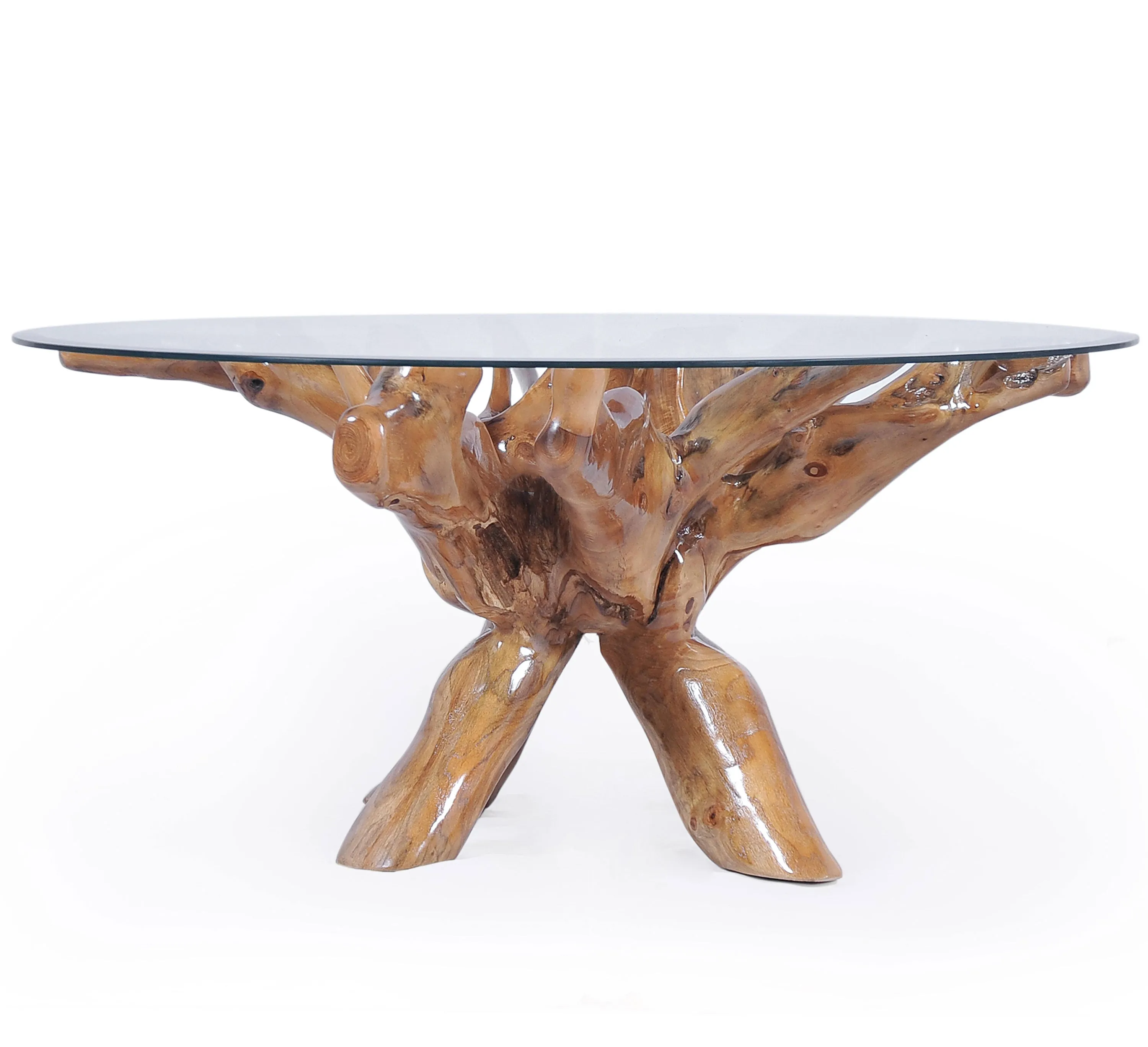 Teak Wood Root Dining Table Including a Round 48 Inch Glass Top