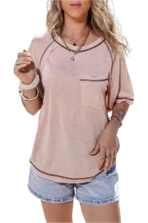 TEEK - Pale Blush Contrast Stitching Short Sleeve Shirt