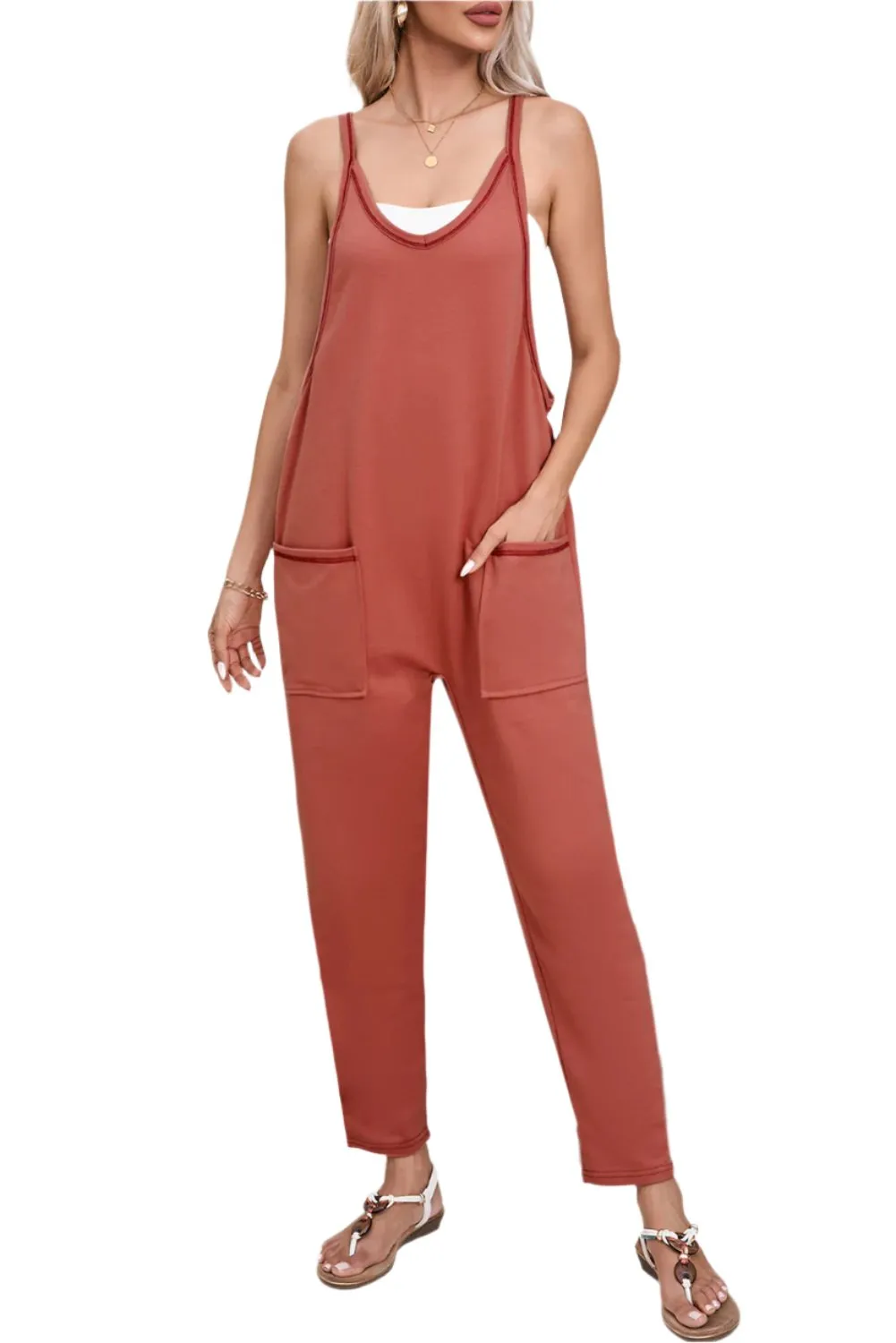 TEEK - Red Orange Spaghetti Strap Jumpsuit