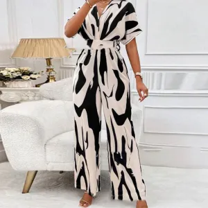 V-Neck Loose Printed Long Jumpsuit