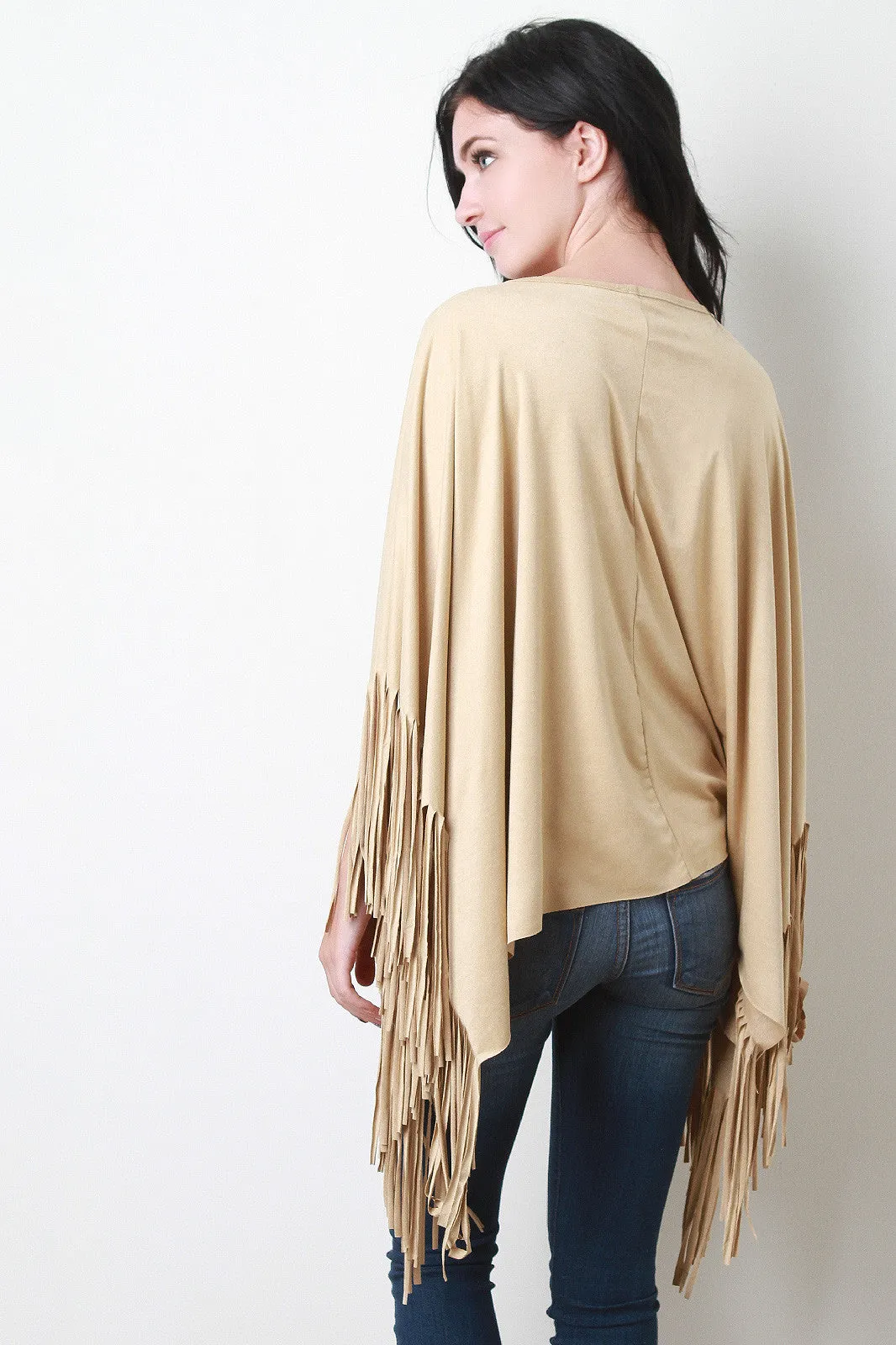 Vegan Suede Fringe Poncho