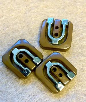 Vintage Brown & Silver "Horseshoe "  Two Hole Resin/Plastic Buttons -3 x 15mm