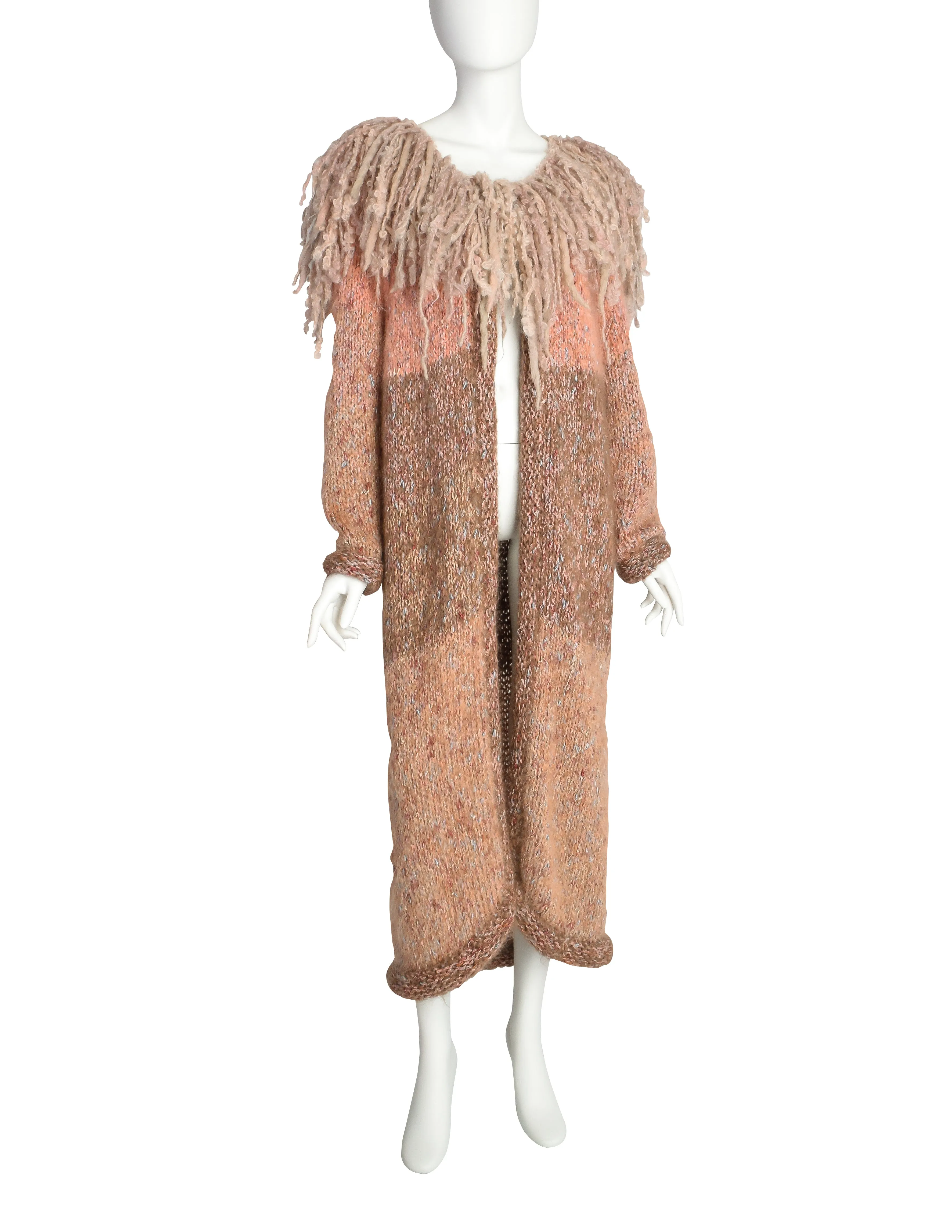 Vintage Pastel Pink Knit Wool Curly Shaggy Collar Duster Sweater Coat