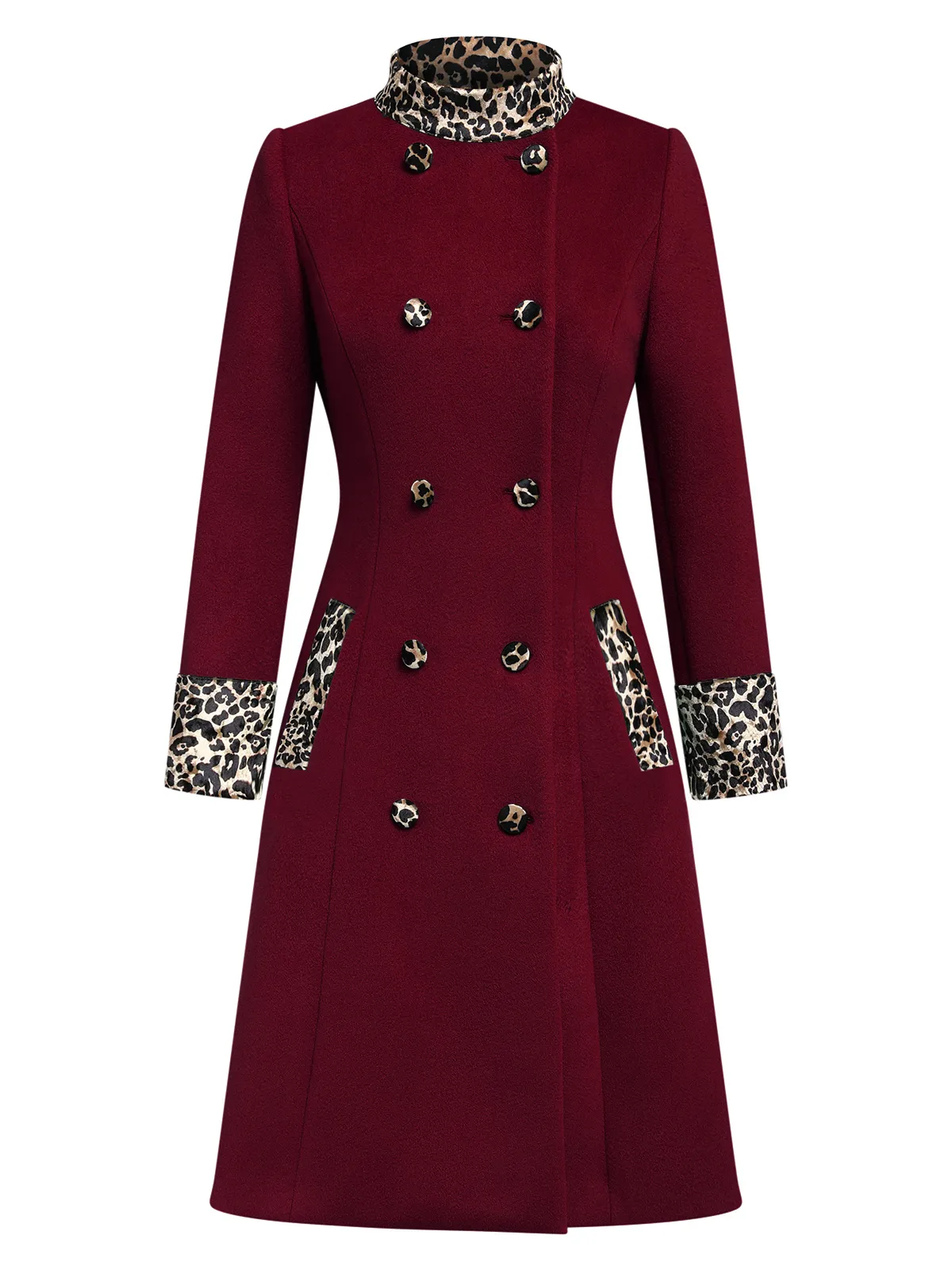 Wine Red 1940s Leopard Patchwork Button Coat