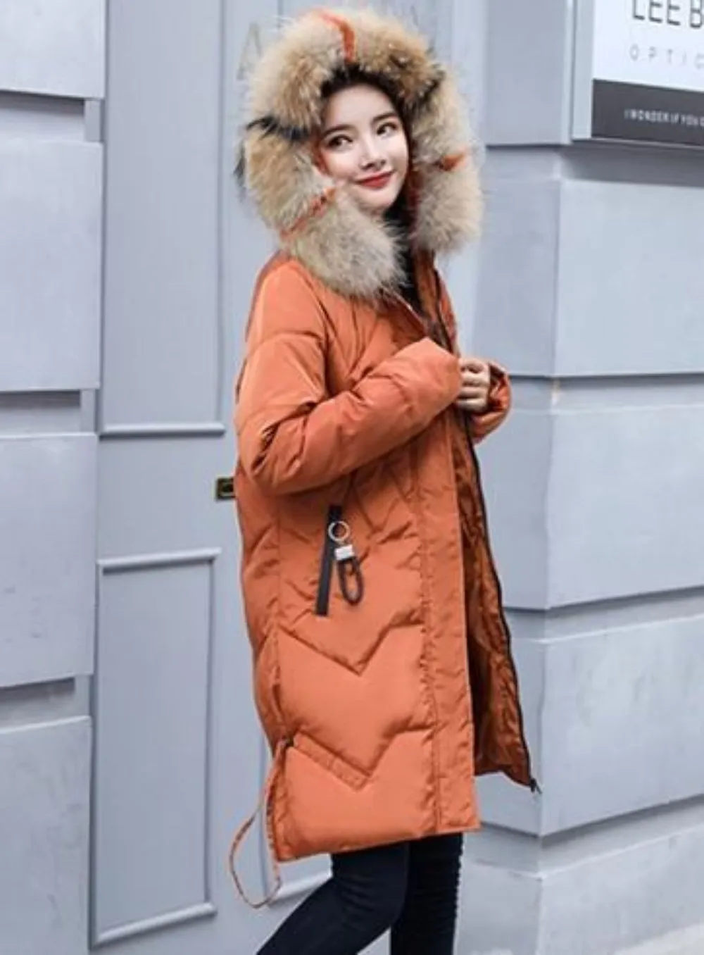 Womens Casual Puffer Coat with Faux Fur Hood