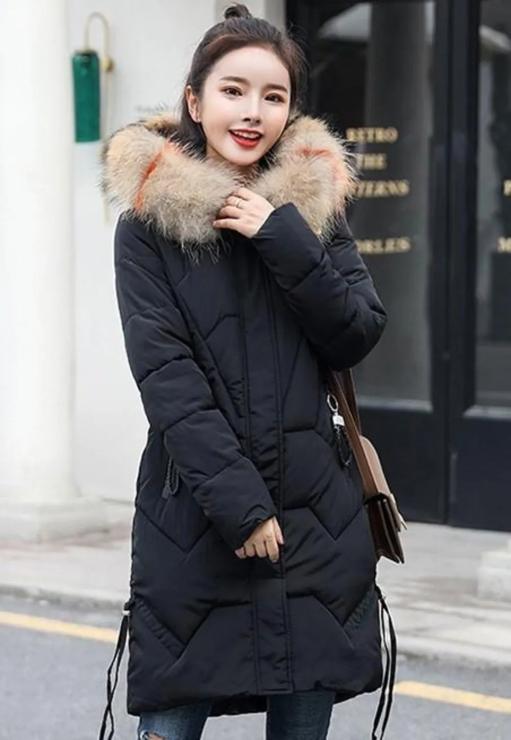 Womens Casual Puffer Coat with Faux Fur Hood