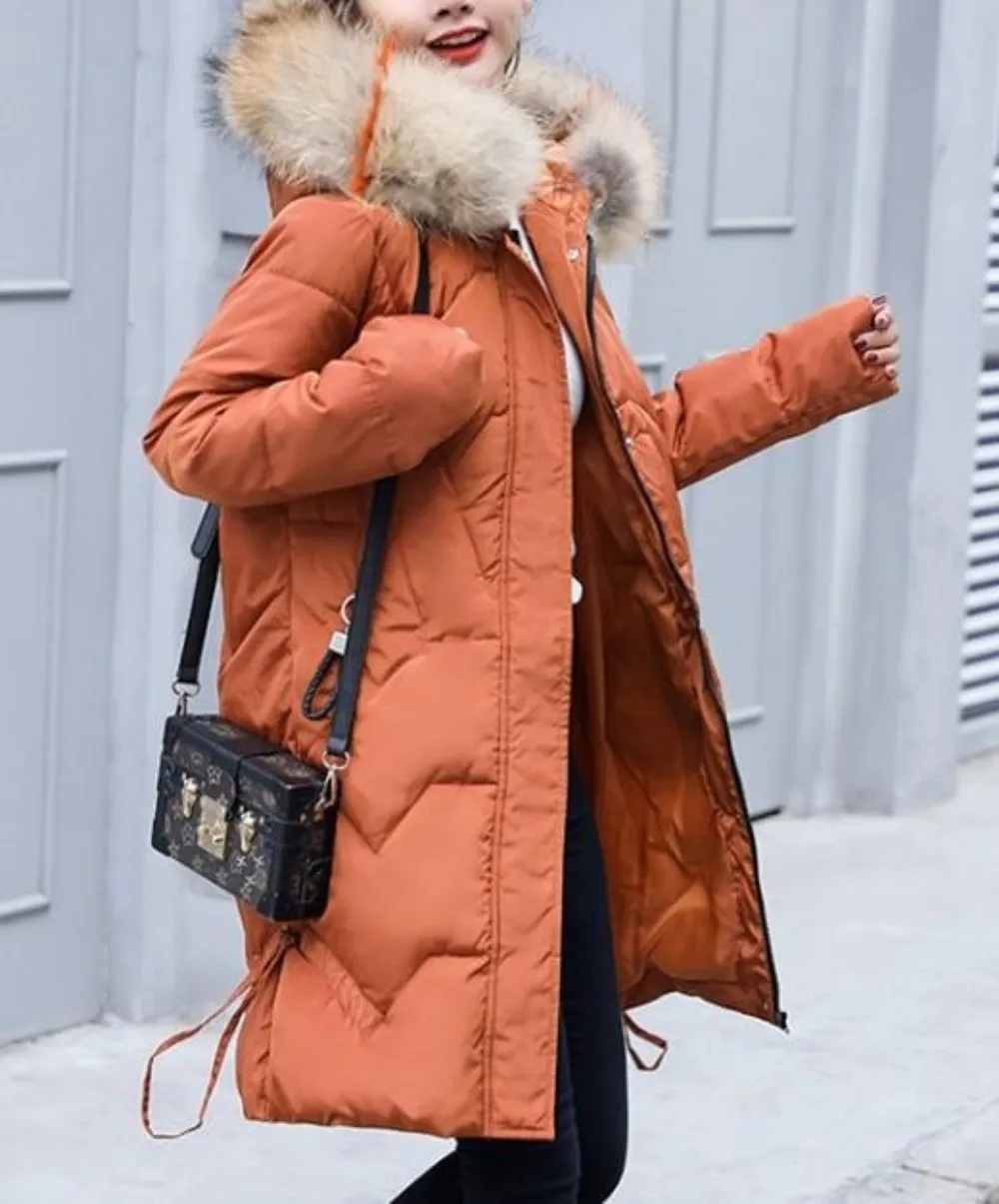 Womens Casual Puffer Coat with Faux Fur Hood