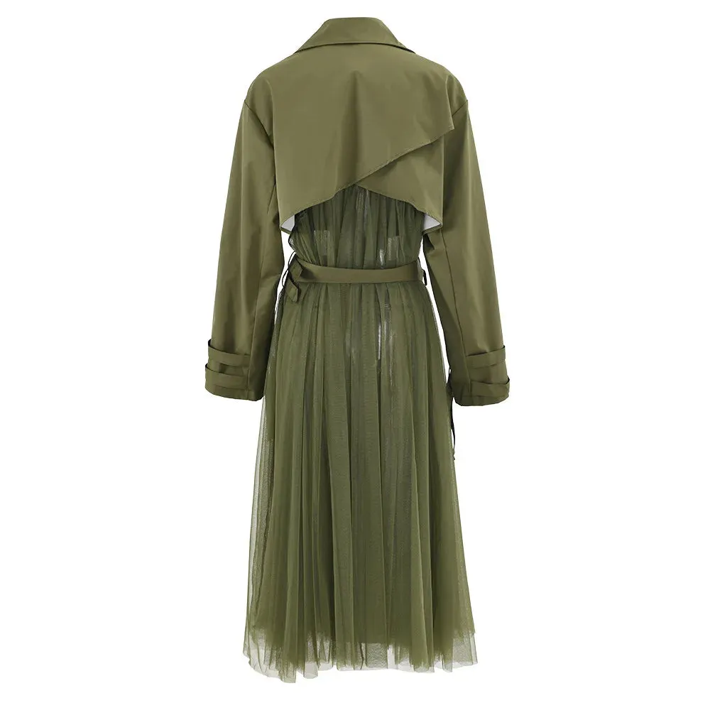 Women's Elegant Trench Coat with Pleated Mesh