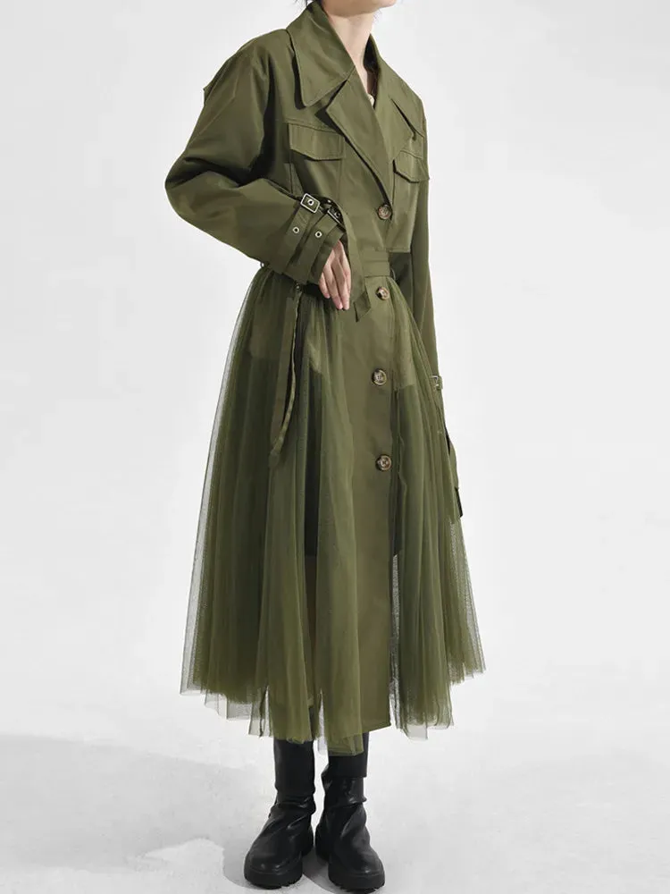 Women's Elegant Trench Coat with Pleated Mesh