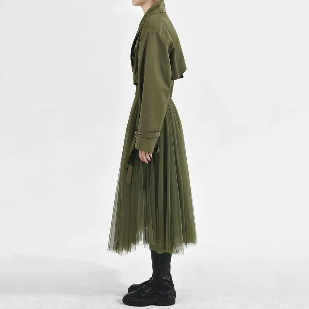 Women's Elegant Trench Coat with Pleated Mesh