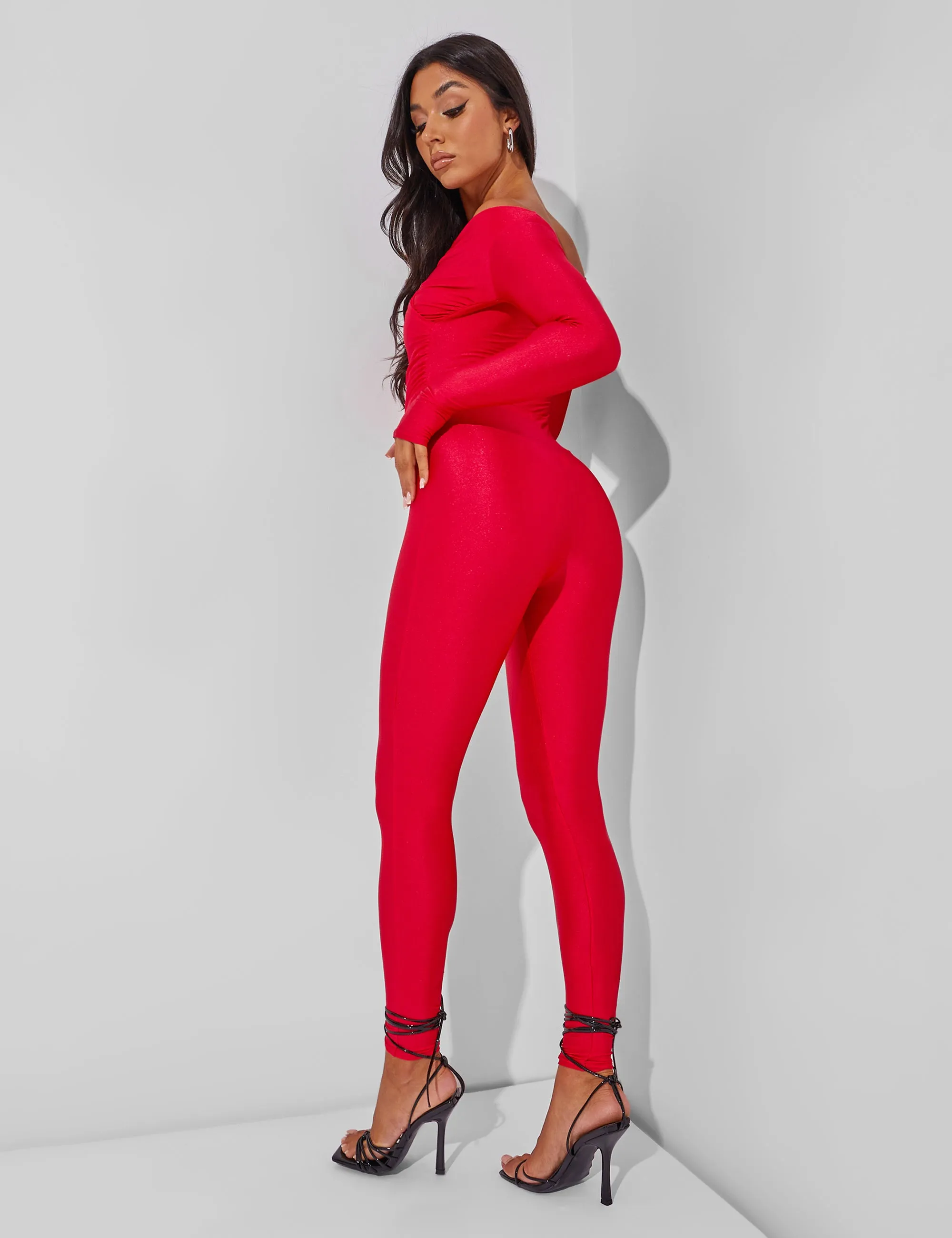 Wrap Front Off Shoulder Jumpsuit Red